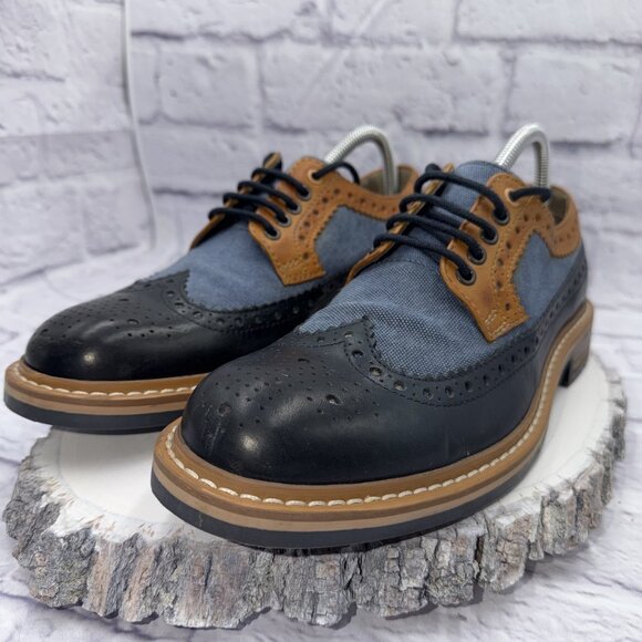 Clarks TOR England Men Size 8 Darby Limit Wingtip Oxford Shoes Blue Denim Tan - Picture 3 of 11